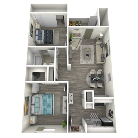 Floor plan for 2 beds, 1 bath, 774 sqft