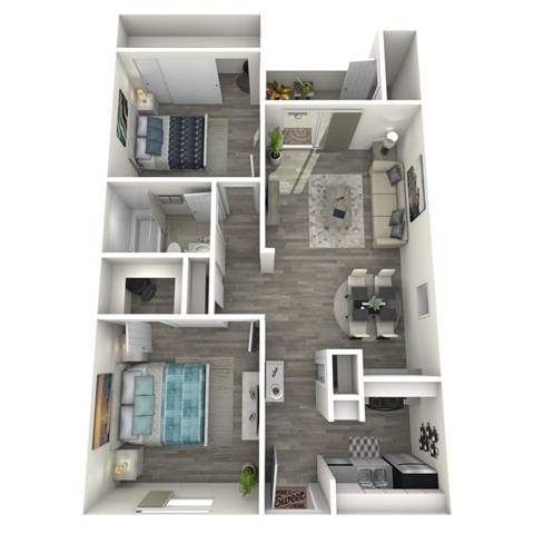 Floor plan for 2 beds, 1 bath, 774 sqft