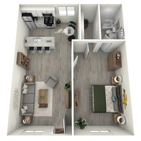 Floor plan for 1 bed, 1 bath, 675 sqft
