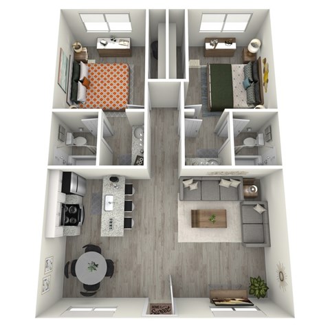 Floor plan for 2 beds, 2 baths, 900 sqft