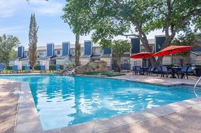 Arlington apartment for rent - A swimming pool surrounded by trees and chairs with umbrellas.