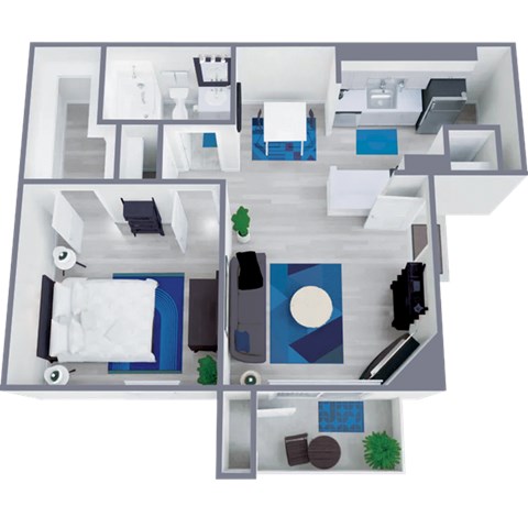 Floor plan for 1 bed, 1 bath, 664 sqft