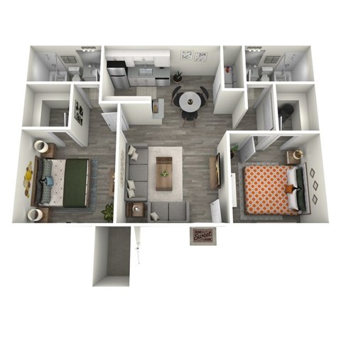 Floor plan for 2 beds, 2 baths, 852 sqft