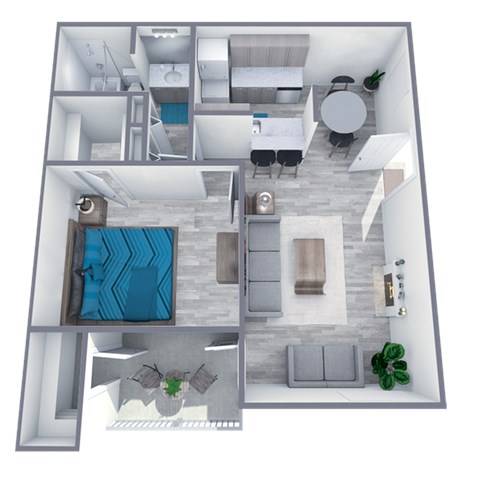 Floor plan for 1 bed, 1 bath, 664 sqft
