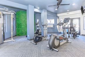 Phoenix apartment for rent - A gym with treadmills, elliptical machines, and a green wall.