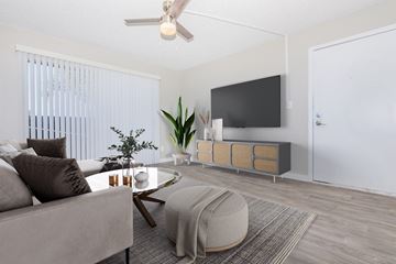 Phoenix apartment for rent - A living room with a grey couch, a coffee table, a ceiling fan, and a television mounted on the wall.