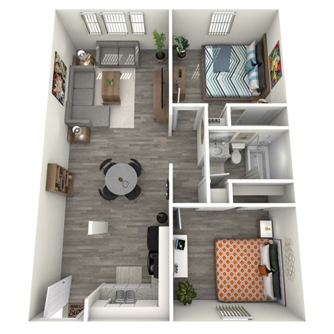 Floor plan for 2 beds, 1 bath, 750 sqft