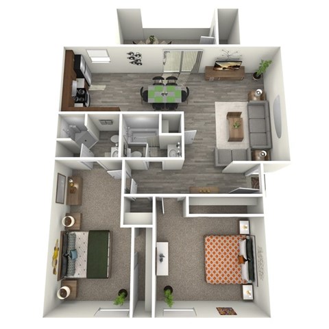 Floor plan for 2 beds, 2 baths, 1000 sqft