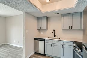 Fort Worth apartment for rent - A kitchen with white cabinets and a black sink.