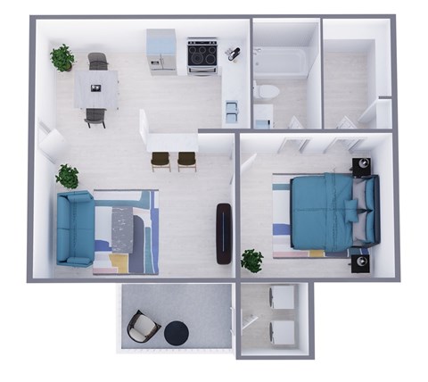 Floor plan for 1 bed, 1 bath, 606 sqft
