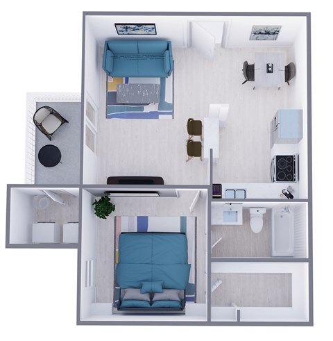 Floor plan for 1 bed, 1 bath, 667 sqft