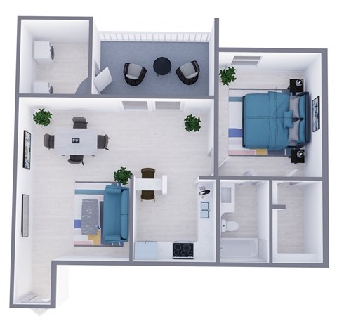 Floor plan for 1 bed, 1 bath, 807 sqft