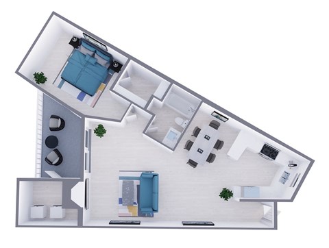 Floor plan for 1 bed, 1 bath, 838 sqft