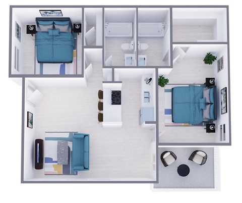 Floor plan for 2 beds, 2 baths, 992 sqft