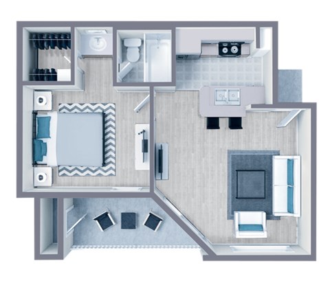 Floor plan for 1 bed, 1 bath, 569 sqft