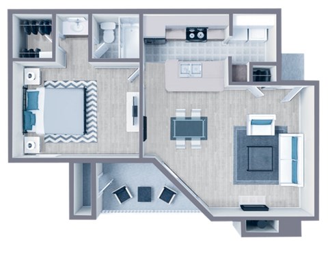 Floor plan for 1 bed, 1 bath, 682 sqft