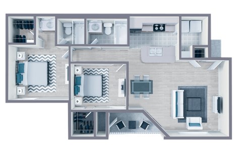 Floor plan for 2 beds, 2 baths, 881 sqft