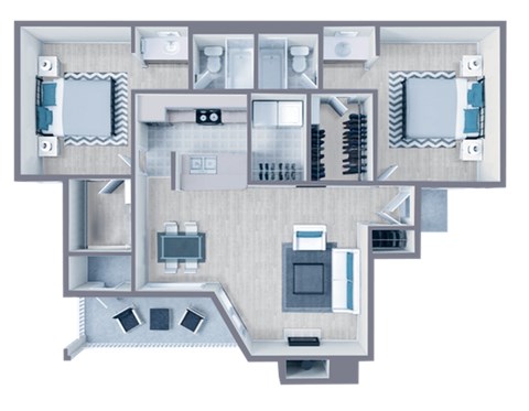 Floor plan for 2 beds, 2 baths, 955 sqft