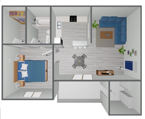 Floor plan for 1 bed, 1 bath, 652 sqft