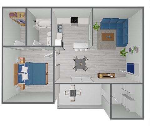 Floor plan for 1 bed, 1 bath, 748 sqft