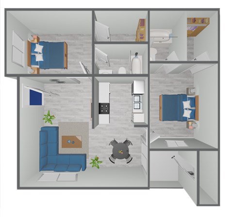 Floor plan for 2 beds, 1 bath, 892 sqft