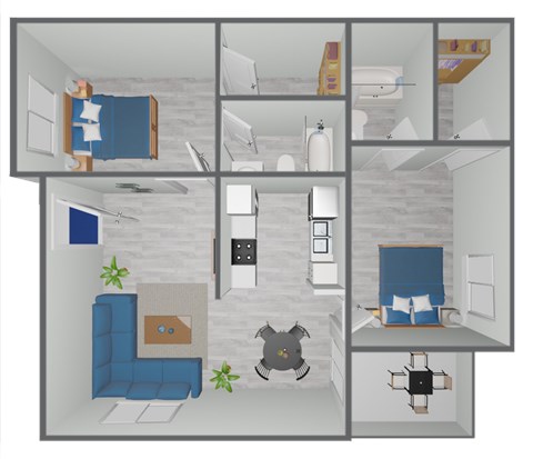 Floor plan for 2 beds, 2 baths, 958 sqft