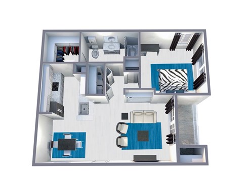 Floor plan for 1 bed, 1 bath, 727 sqft