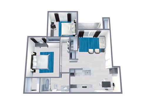Floor plan for 2 beds, 1 bath, 899 sqft