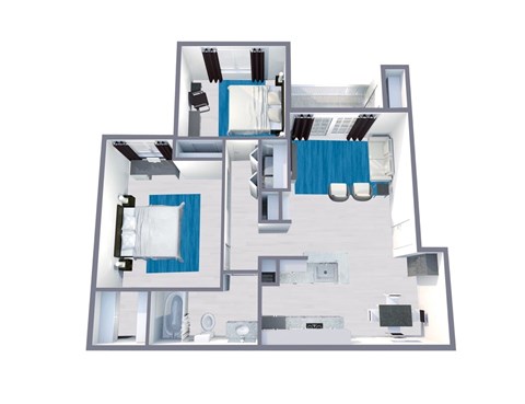 Floor plan for 2 beds, 1 bath, 899 sqft