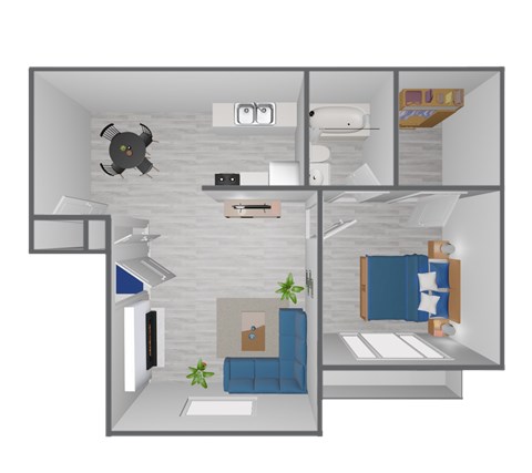Floor plan for 1 bed, 1 bath, 617 sqft