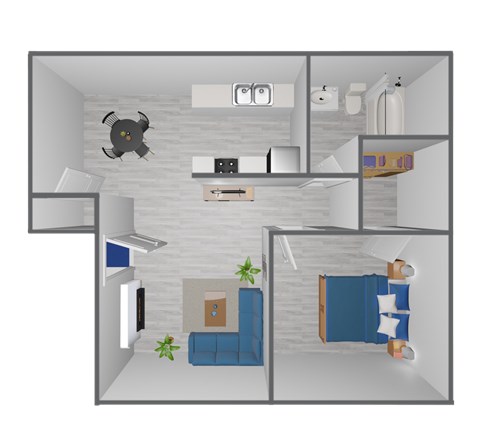 Floor plan for 1 bed, 1 bath, 649 sqft