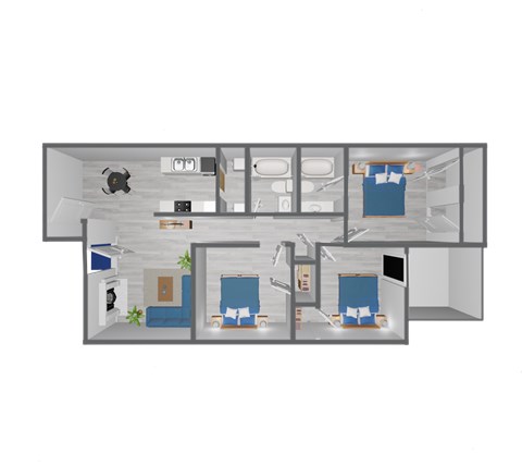 Floor plan for 3 beds, 2 baths, 1039 sqft