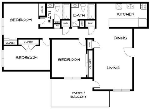 Floor plan for 3 beds, 2 baths