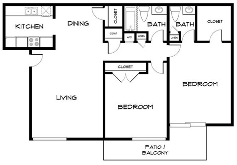 Floor plan for 2 beds, 1.5 baths