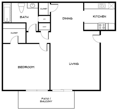Floor plan for 1 bed, 1 bath