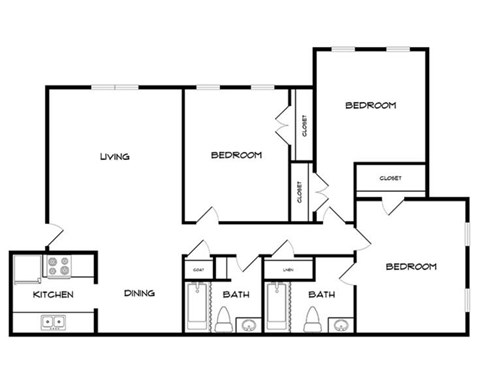 Floor plan for 3 beds, 2 baths