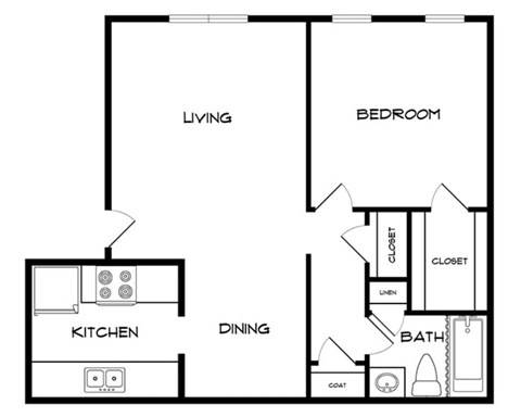 Floor plan for 1 bed, 1 bath