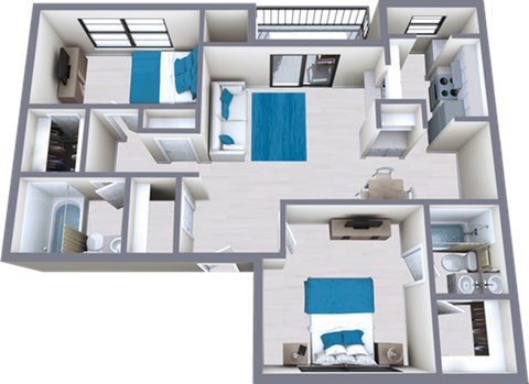 Floor plan for 2 beds, 2 baths, 870 sqft