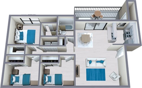 Floor plan for 3 beds, 2 baths, 1142 sqft