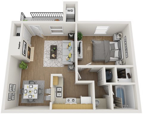 Floor plan for 1 bed, 1 bath, 640 sqft