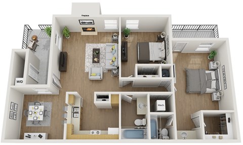 Floor plan for 2 beds, 1 bath, 1070 sqft