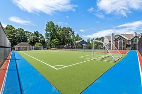 Greensboro apartment for rent - A soccer field with a blue and red surface and white lines.