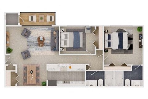Floor plan for 2 beds, 2 baths, 960 sqft
