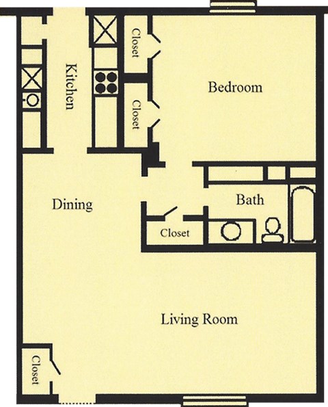 Floor plan for 1 bed, 1 bath, 835 sqft