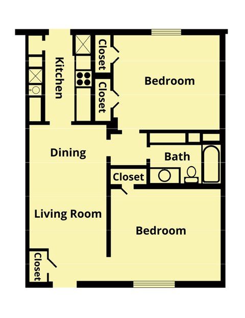 Floor plan for 2 beds, 1 bath, 835 sqft