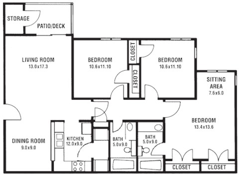 Floor plan for 3 beds, 2 baths, 1152 sqft