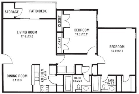 Floor plan for 2 beds, 2 baths, 1325 sqft