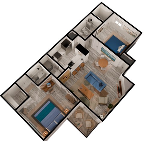 Floor plan for 2 beds, 2 baths, 905 sqft
