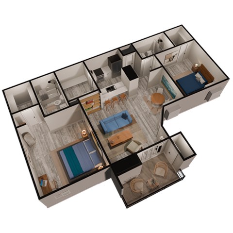 Floor plan for 2 beds, 2 baths, 1000 sqft