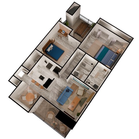 Floor plan for 2 beds, 2 baths, 905 sqft